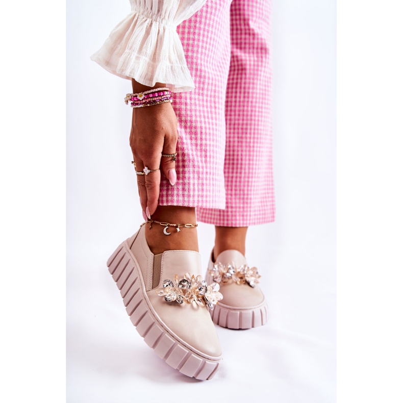 PA2 Slip-On-Sneakers aus Leder für Damen mit beigefarbener Mirana-Verzierung 1