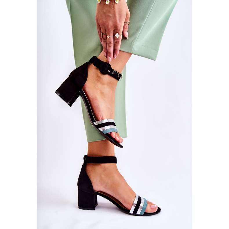 PG1 Modische Wildledersandalen auf einem niedrigen Absatz Schwarz Nallia blau silber- 2