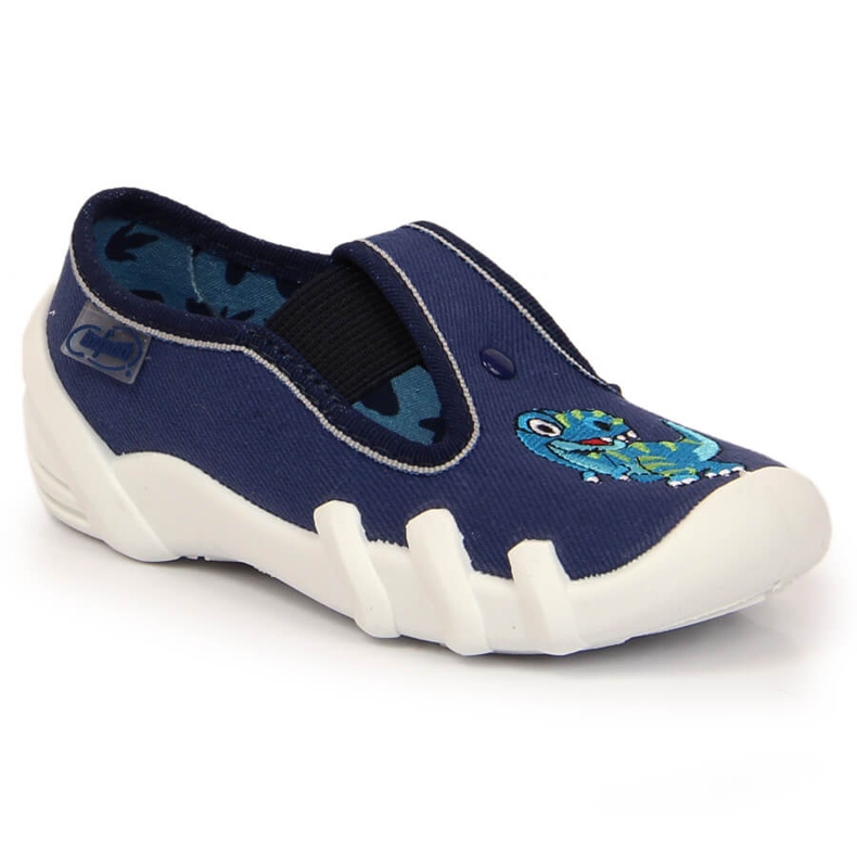 Hausschuhe für Jungen mit einem elastischen Band mit einem Dinosaurier-Slip auf marineblauem Befado navy blau 2