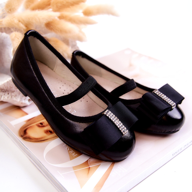 S.Barski Ballerinas für Kinder aus Leder mit dekorativer Schleife Schwarz Claril 4