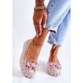 PA2 Ballerinas aus Leder auf einer Plattform mit beigefarbener Ladette-Dekoration 1