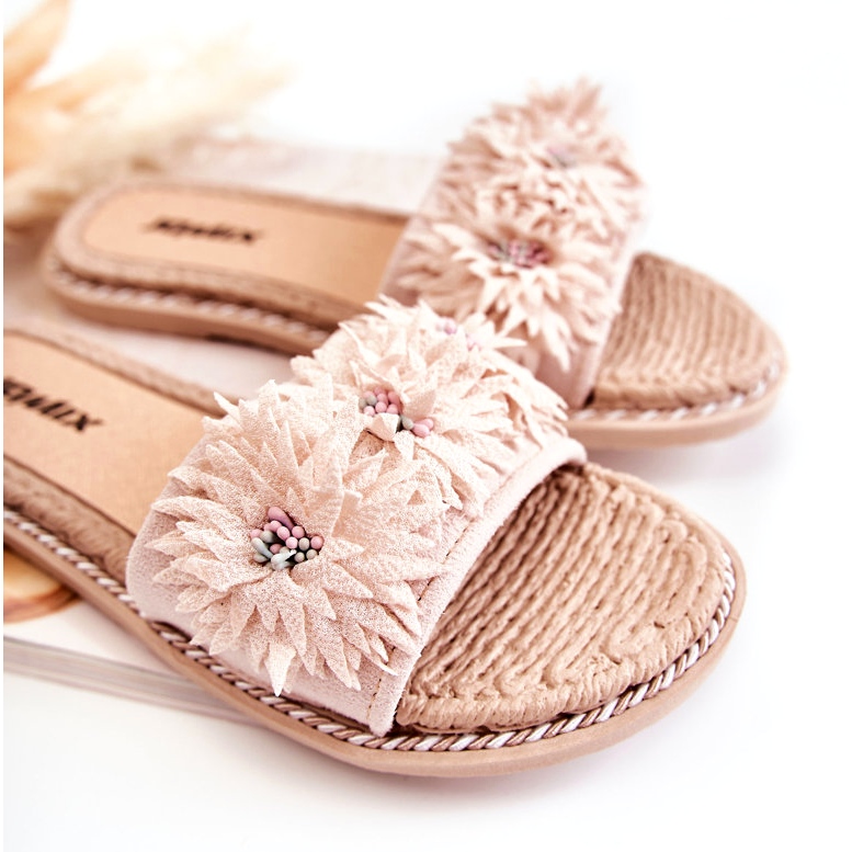 Beigefarbene Damen-Flip-Flops mit Stoffblumen 2