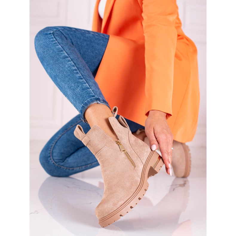 Shelovet Damenstiefeletten mit goldenem Reißverschluss, hellbraun 1