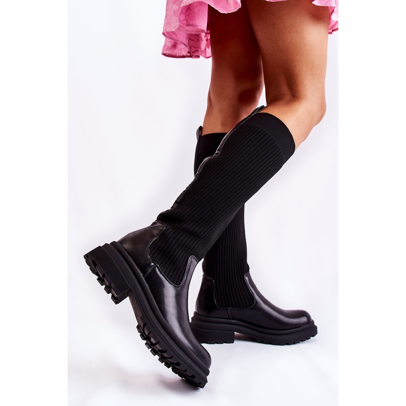 PS1 Gerippte Damenstiefel mit flachem Absatz Schwarz Allys 2