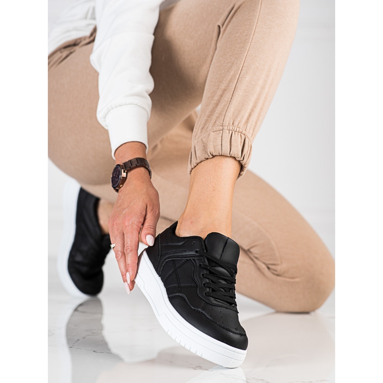 Klassische sportliche Shelovet-Sneaker für Damen aus ökologischem Leder, schwarz 2