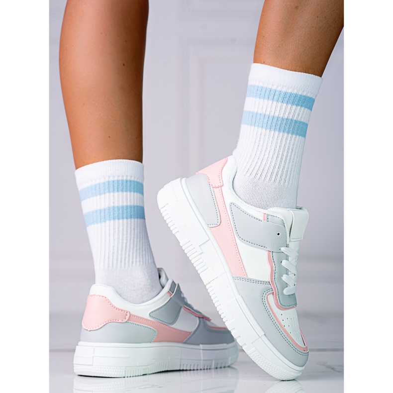 Damen-Schnürsneaker auf der Shelovet-Plattform aus ökologischem Leder in Weiß und Graurosa mehrfarbig 1