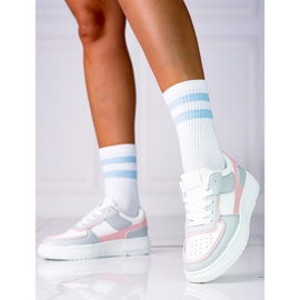 Damen-Schnürsneaker auf der Shelovet-Plattform aus ökologischem Leder in Weiß und Graurosa mehrfarbig 2