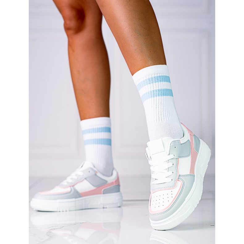 Damen-Schnürsneaker auf der Shelovet-Plattform aus ökologischem Leder in Weiß und Graurosa mehrfarbig 2