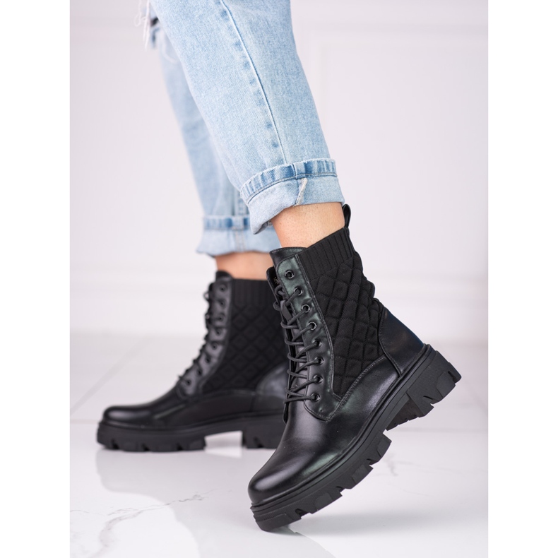 Gesteppte schwarze Damentaschen mit Schnürung von Shelovet 1