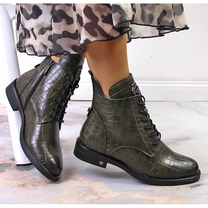 Warme Potocki-Stiefel aus grünem Krokodil für Damen 1