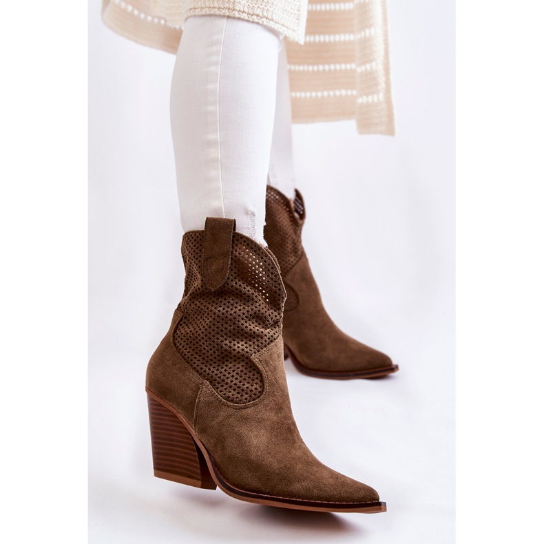 FB1 Durchbrochene Cowboystiefel aus Wildleder für Damen Khaki Eleonore braun 1