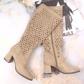 POTOCKI Damenstiefel, durchbrochen, Wildleder braun Daszyński beige 1