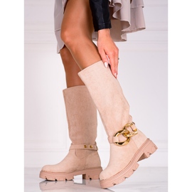 Beige Damenstiefel mit einer Shelovet-Kette aus ökologischem Wildleder 1