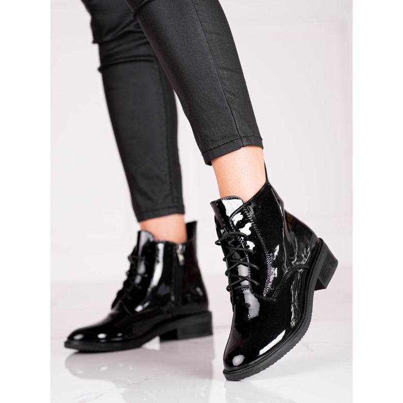 Eleganter Shelovet-Schnürstiefel für Damen aus lackiertem Öko-Leder schwarz 1