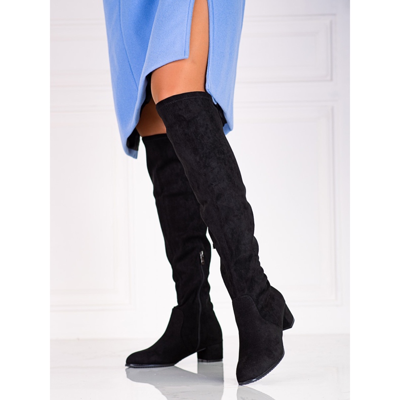 Overknee-Stiefel aus Wildleder für Damen auf einem niedrigen Shelovet-Pfosten schwarz 1