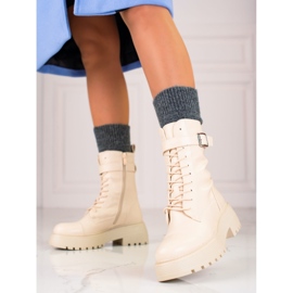 Hohe, beige Arbeiterstiefel für Damen mit Schnürung 1