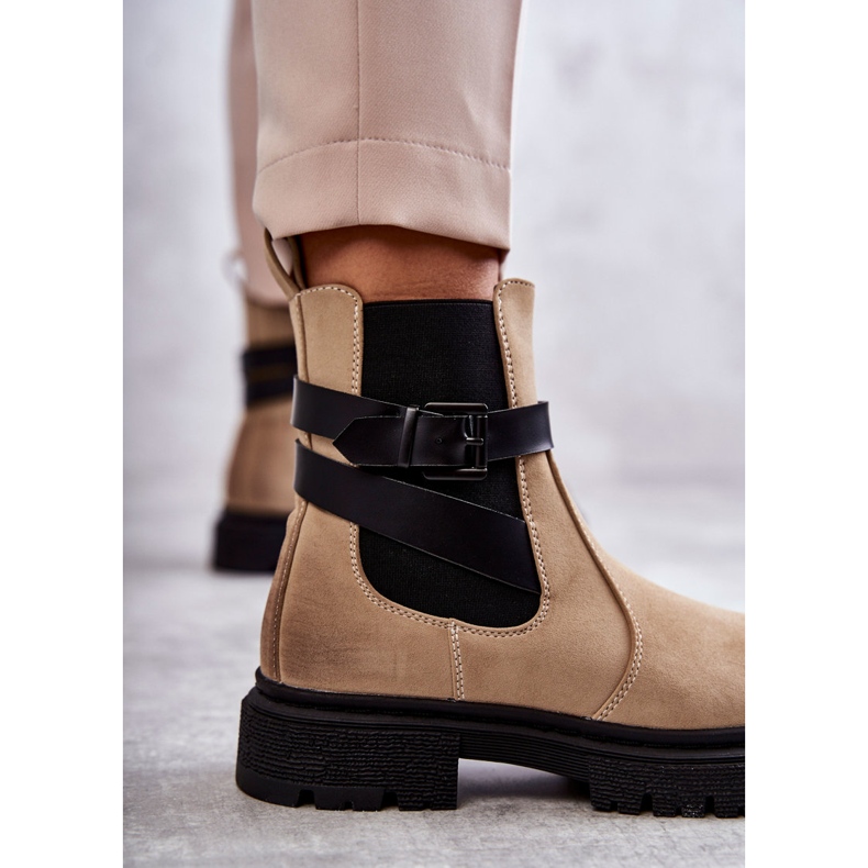 FE1 Warme Damenstiefel Jodhpurstiefeletten Mit Gürtel Beige Jose 2