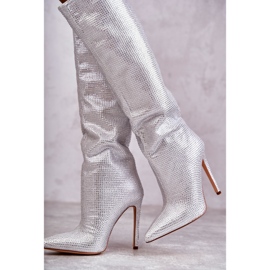 Modische silberne High-Heel-Stiefel mit kubischen Zirkonen silber- 10