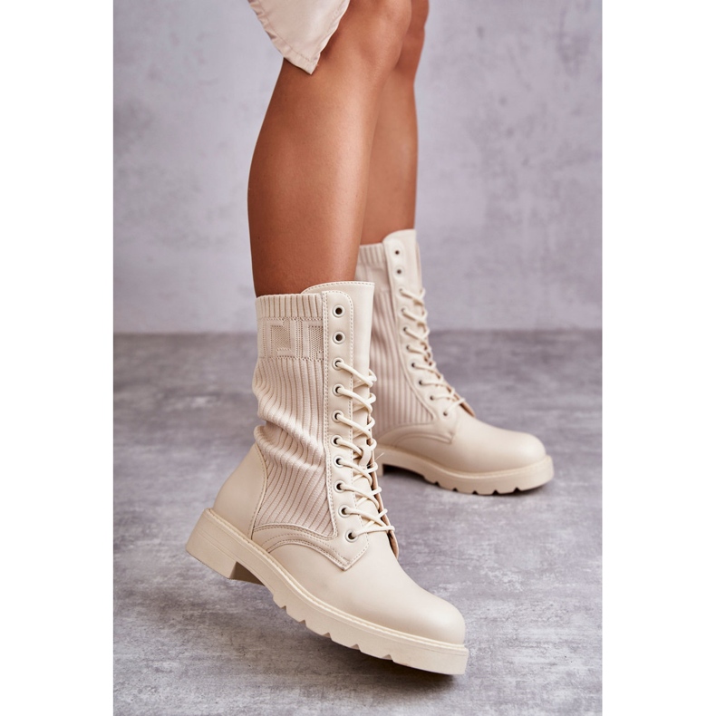 FS1 Damenstiefeletten mit Socke auf flachem Absatz Beige Liam braun 2