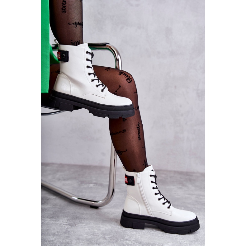 S.Barski Damen Lackstiefel Schnürstiefel Weiß Conny 1