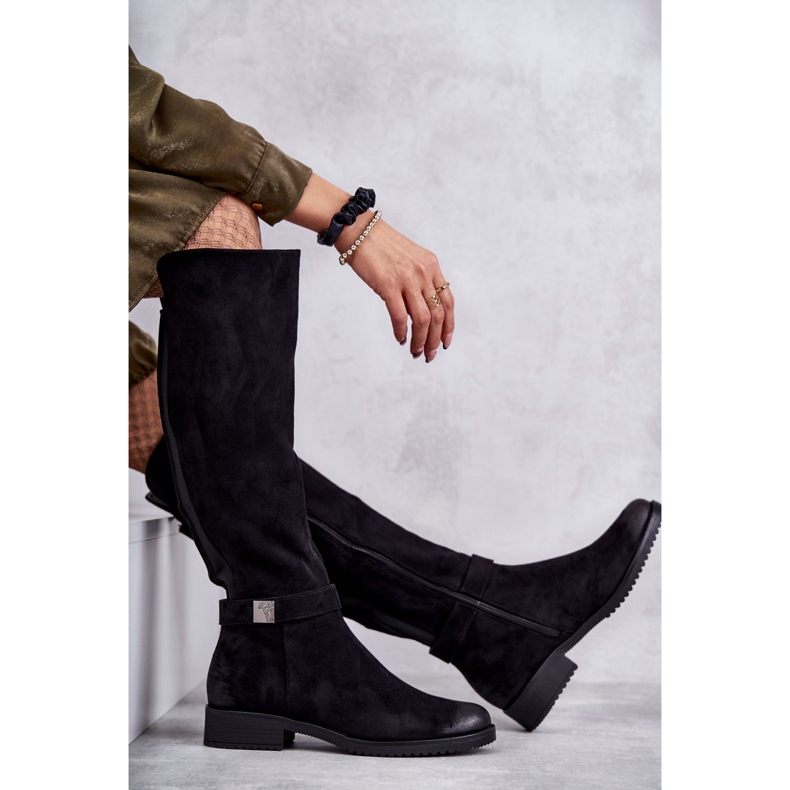Vinceza Damenstiefel aus Wildleder mit flachem Absatz Schwarz Henrike 2
