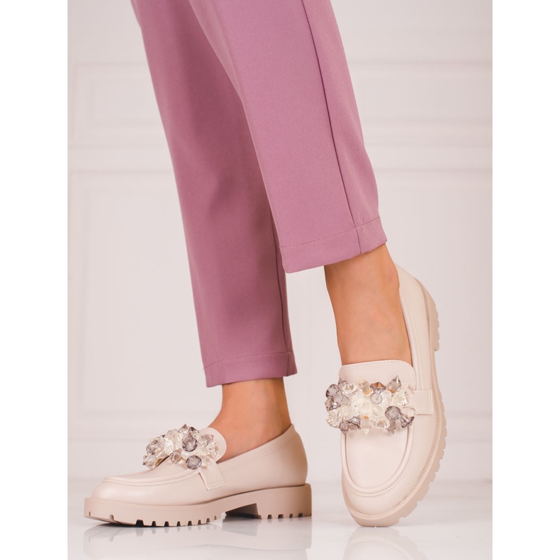 Shelovet Damen-Wildleder-Loafer mit beigen Kristallen 1