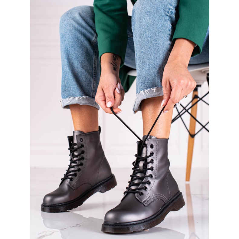 Graue Shelovet-Schnürstiefel für Damen mit Metallic-Glanz 1