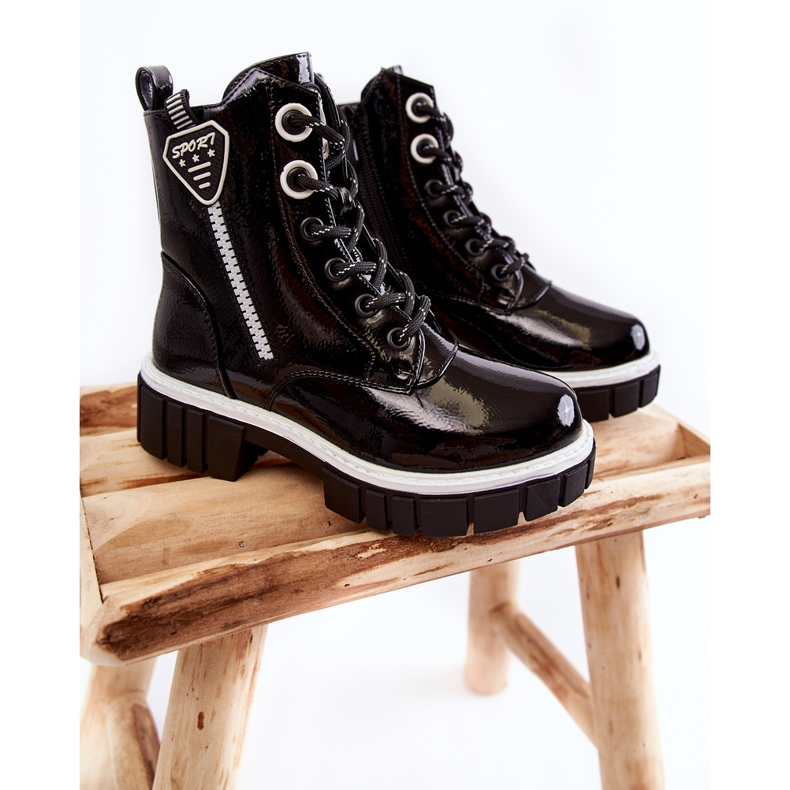 S.Barski Lackierte schwarze warme Stiefel mit Reißverschluss Marcella 1