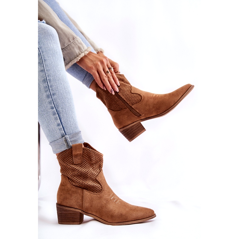 FB1 Durchbrochene Cowboystiefel aus Wildleder mit Nähten Camel Elvire B-829 braun 4