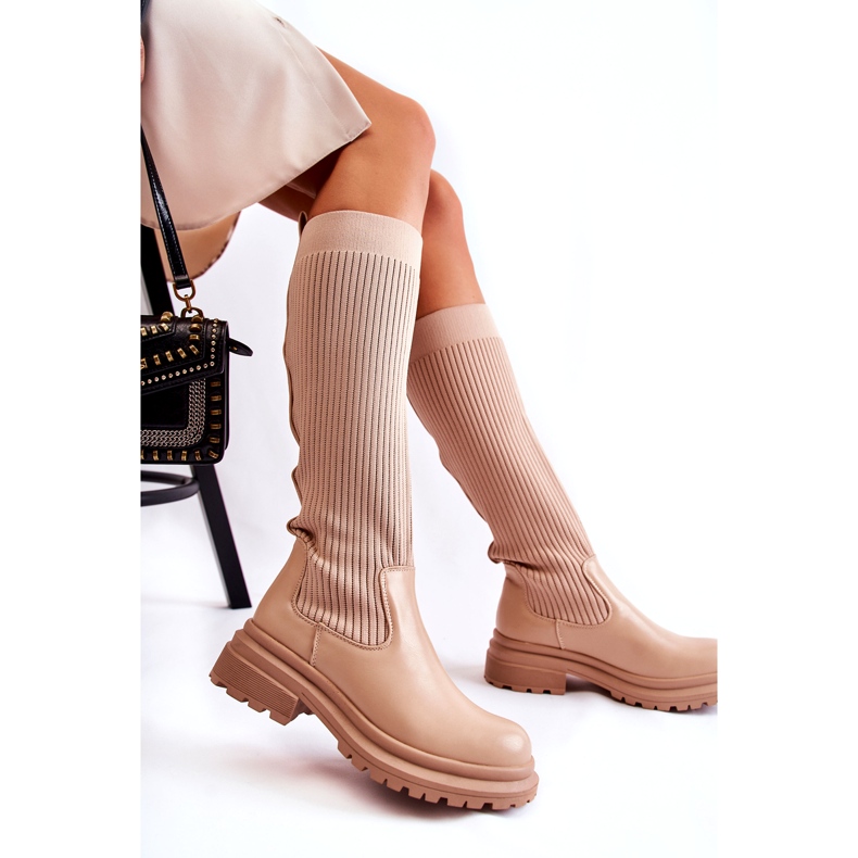 PS1 Gerippte Flache Damenstiefel Beige Allys QT50P 4