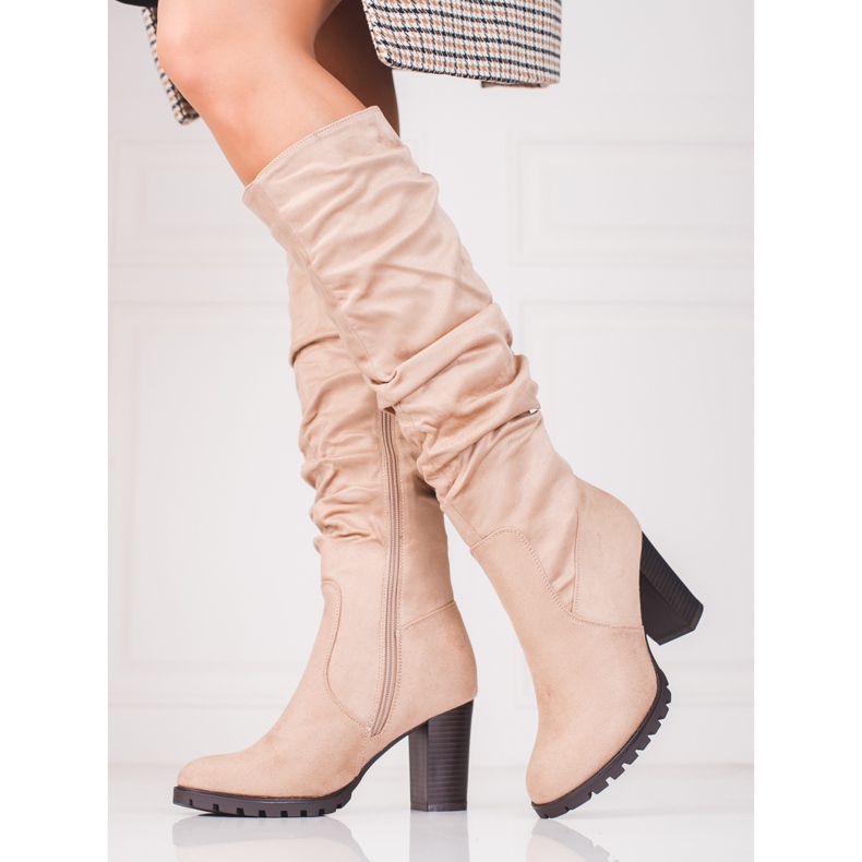 Damen-Wildlederstiefel auf einem Pfosten mit einem gekräuselten Vinceza-Obermaterial beige 1