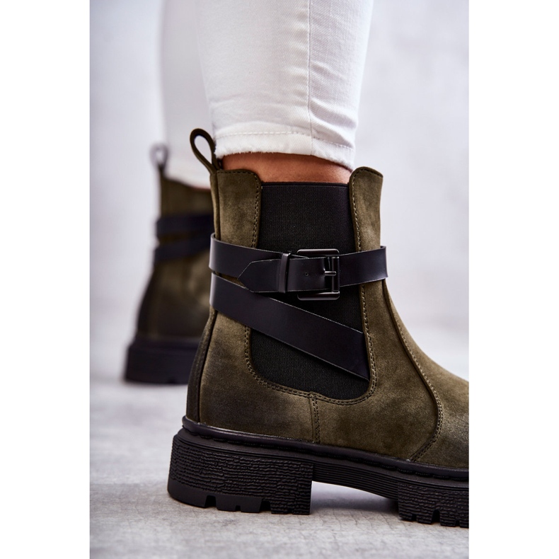 FE1 Warme Damenstiefel Jodhpur-Stiefel mit Gürtel Grün Jose M619 1