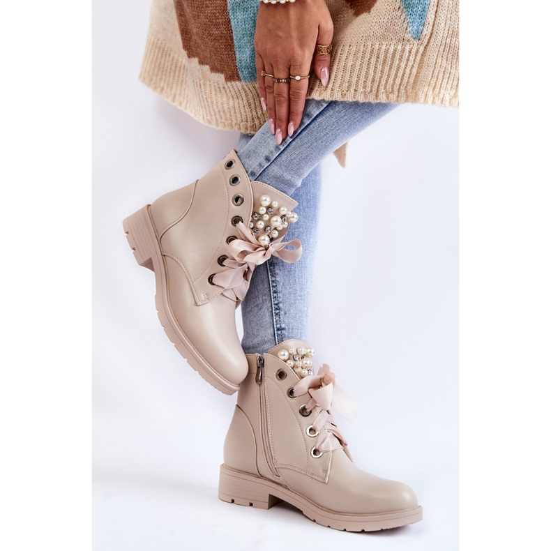 FB2 Leder, isolierte Stiefel mit Reißverschluss mit Perlen Raiso Beige 2