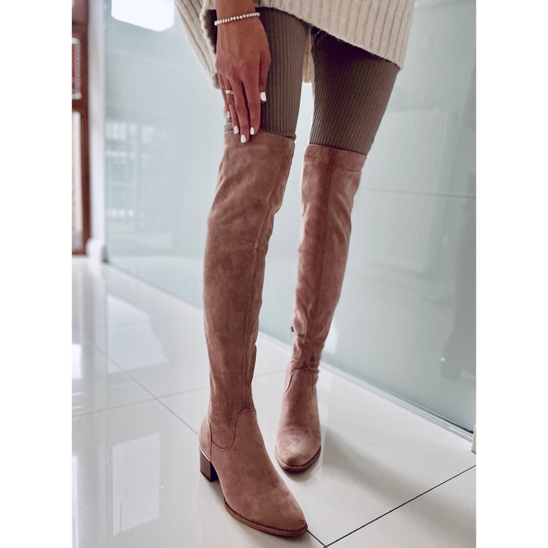 PA1 Gwen Beige Overknee-Stiefel mit niedrigem Absatz 1