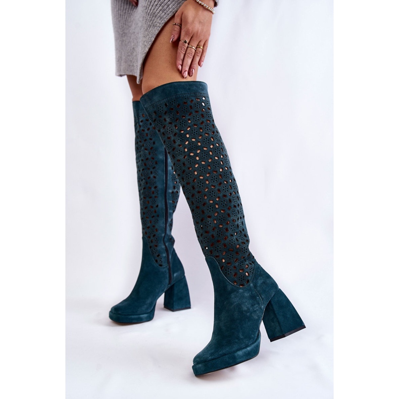 PA2 Durchbrochene Wildlederstiefel auf grünen Castres mit hohen Absätzen mehrfarbig 2