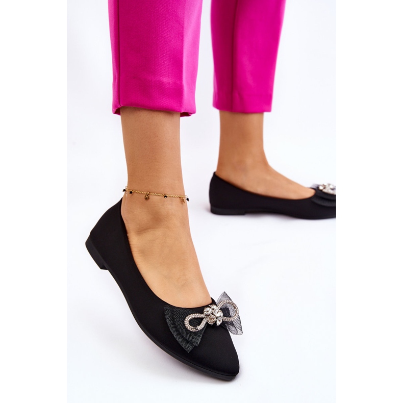 PS1 Spitz zulaufende Ballerinas für Damen mit Zierschleife schwarz leuchtend 2