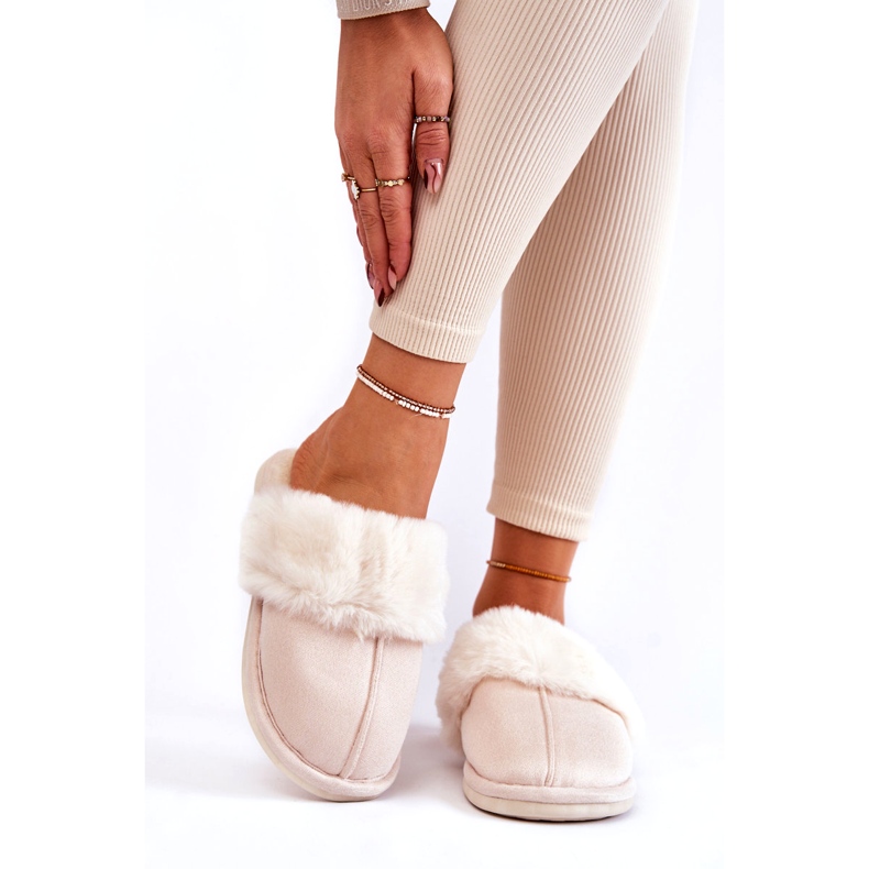Glatte Hausschuhe von Frauen mit hellem beige Fell 1