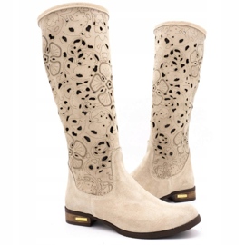 Olivier Durchbrochene Damenstiefel Hellbeige Blumen 3