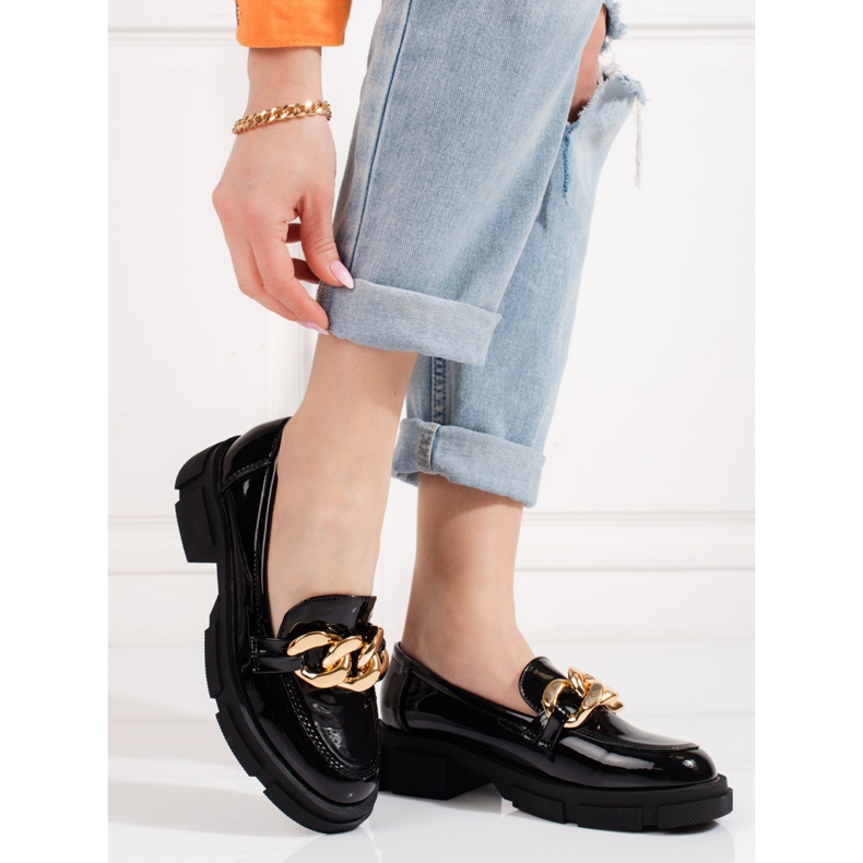 Goodin Schwarze Shelovet Damenschuhe mit goldener Kette 1