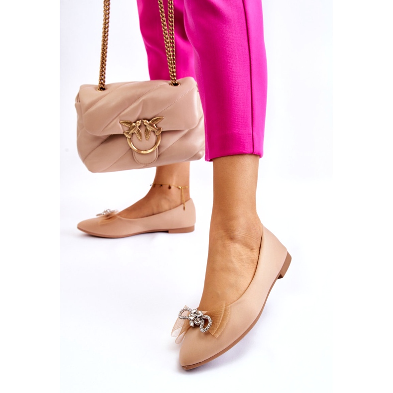 Ballerinas für Damen mit spitzer Zehenpartie und dekorativer Schleife, Dunkelbeige 1