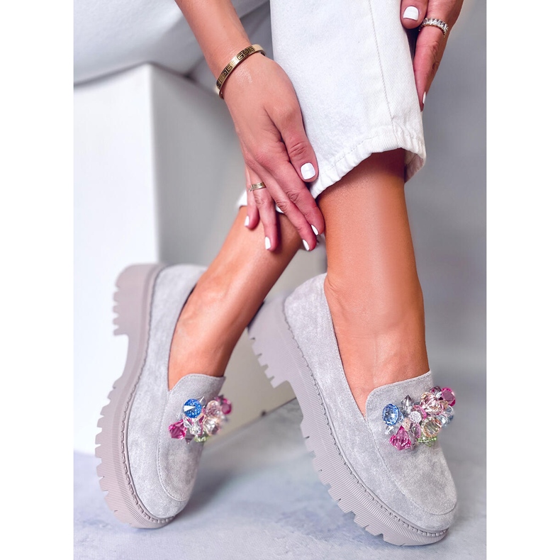 PA1 Stefani Graue, perlenbesetzte Plateau-Loafer 1