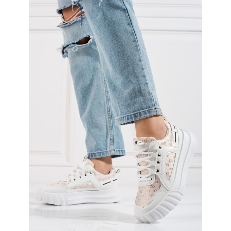 Weißer Shelovet Damen Sportschuh mit dicker Sohle beige golden 1