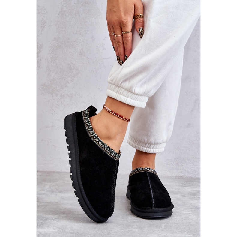 Wildleder -Pantoffeln für Frauen mit Fell und Stickerei schwarz 2