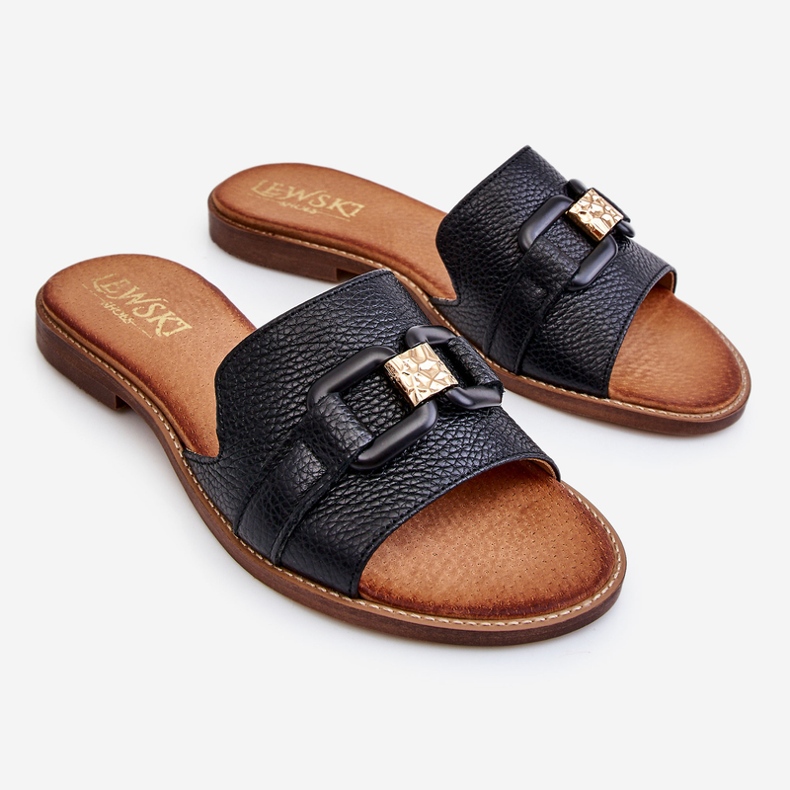 Lewski Shoes Leder Damenhausschuhe Leewski Schuhe 3270 Schwarz golden 1