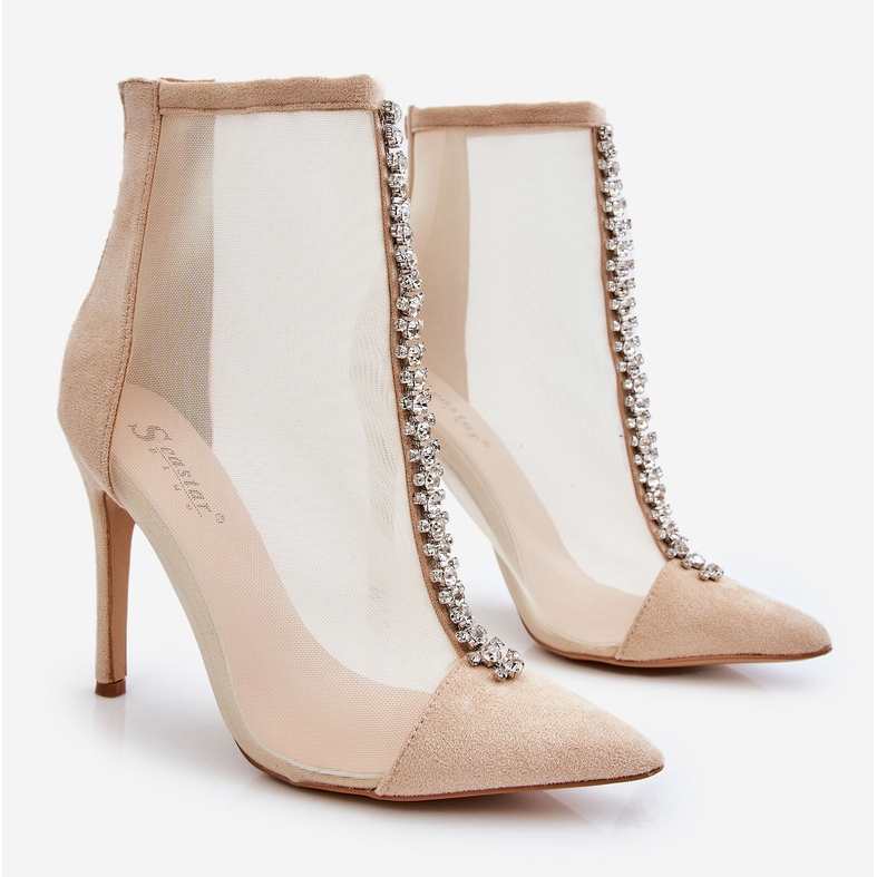 Modische Damen High Heel Stiefel mit Mesh Beige Rummi 1