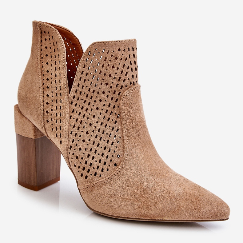 Modische Wildleder durchbrochene High Heel Stiefel Beige Genevi 2