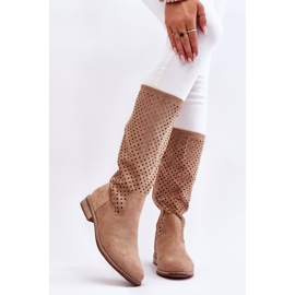 S.Barski Durchbrochene Overknee-Stiefel aus Wildleder für Damen Beige Savannah 1