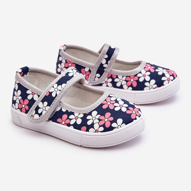 Kinderballerinas mit marineblauen und grauen Blumen Noah 1