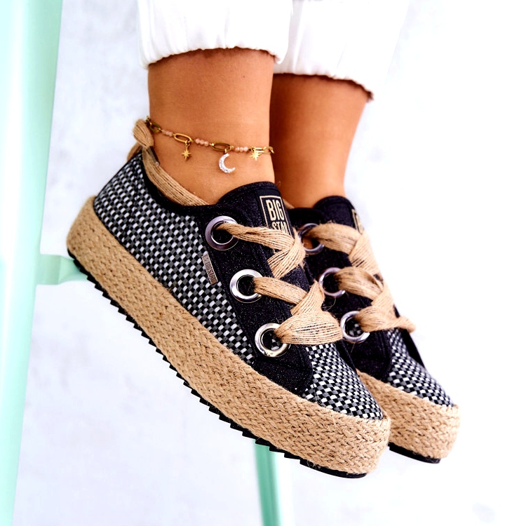 Damen geflochtene Turnschuhe Big Star JJ274393 Schwarz beige 3