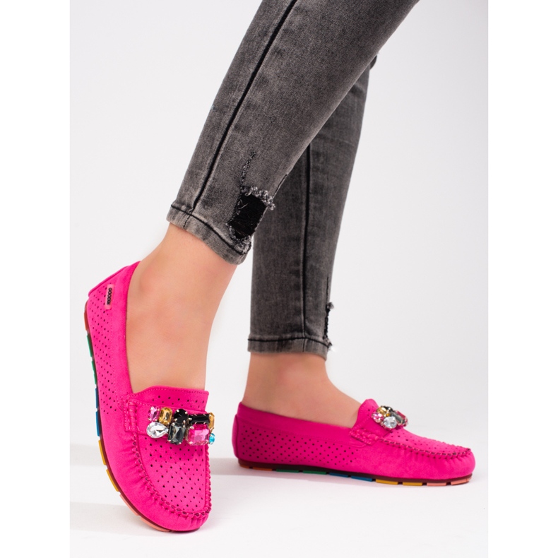 Durchbrochene Loafer für Damen in Rosa mit Shelovet-Wildleder mit Kristallen 1